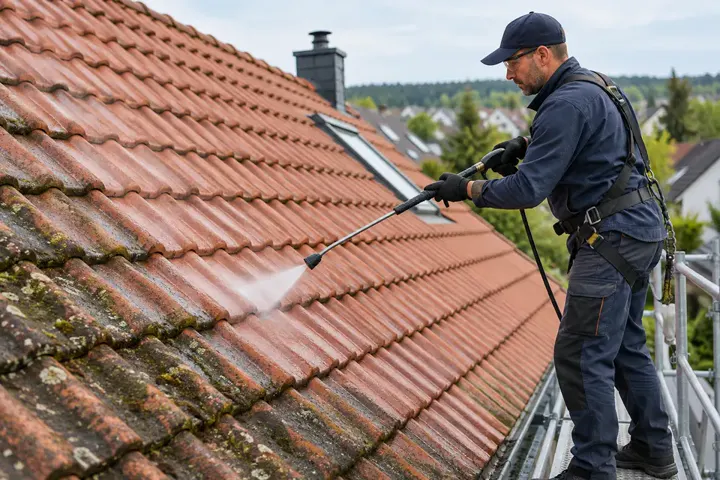Schonende Dachreinigung auf roten Ziegeln