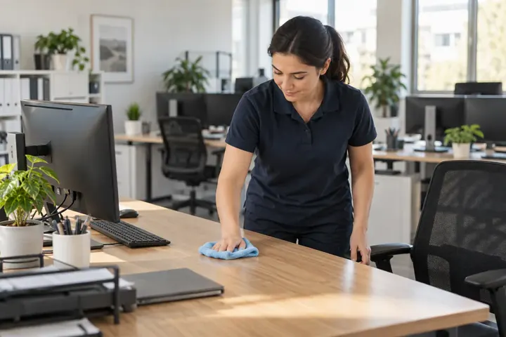 Reinigungskraft reinigt einen Arbeitsplatz im Büro