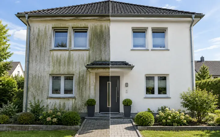 Fassade vor und nach der professionellen Reinigung