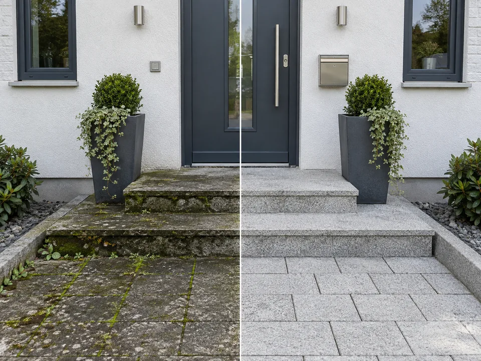 Dieselbe Steintreppe und Pflasterfläche vor und nach der Reinigung